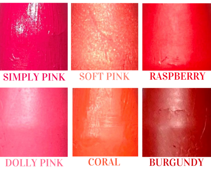 lip pencil swatches for all six colors - simply pink, raspberry, dolly pink, soft pink, coral, burgundy