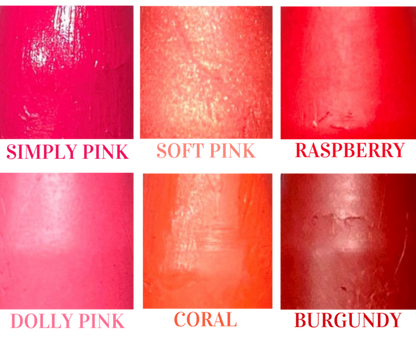 lip pencil swatches for all six colors - simply pink, raspberry, dolly pink, soft pink, coral, burgundy