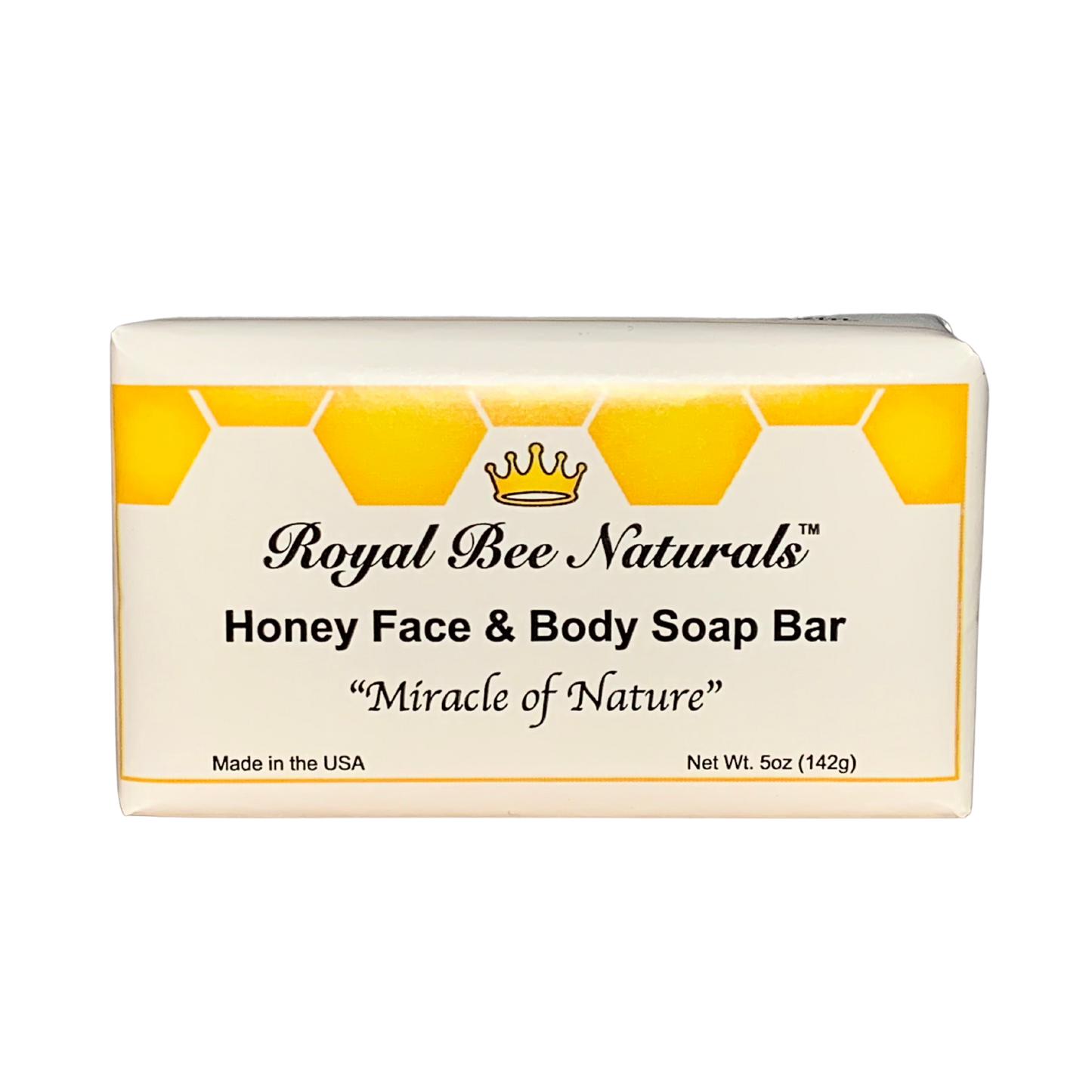 picture of our soap, with white and yellow logo 5oz bar, made in the usa